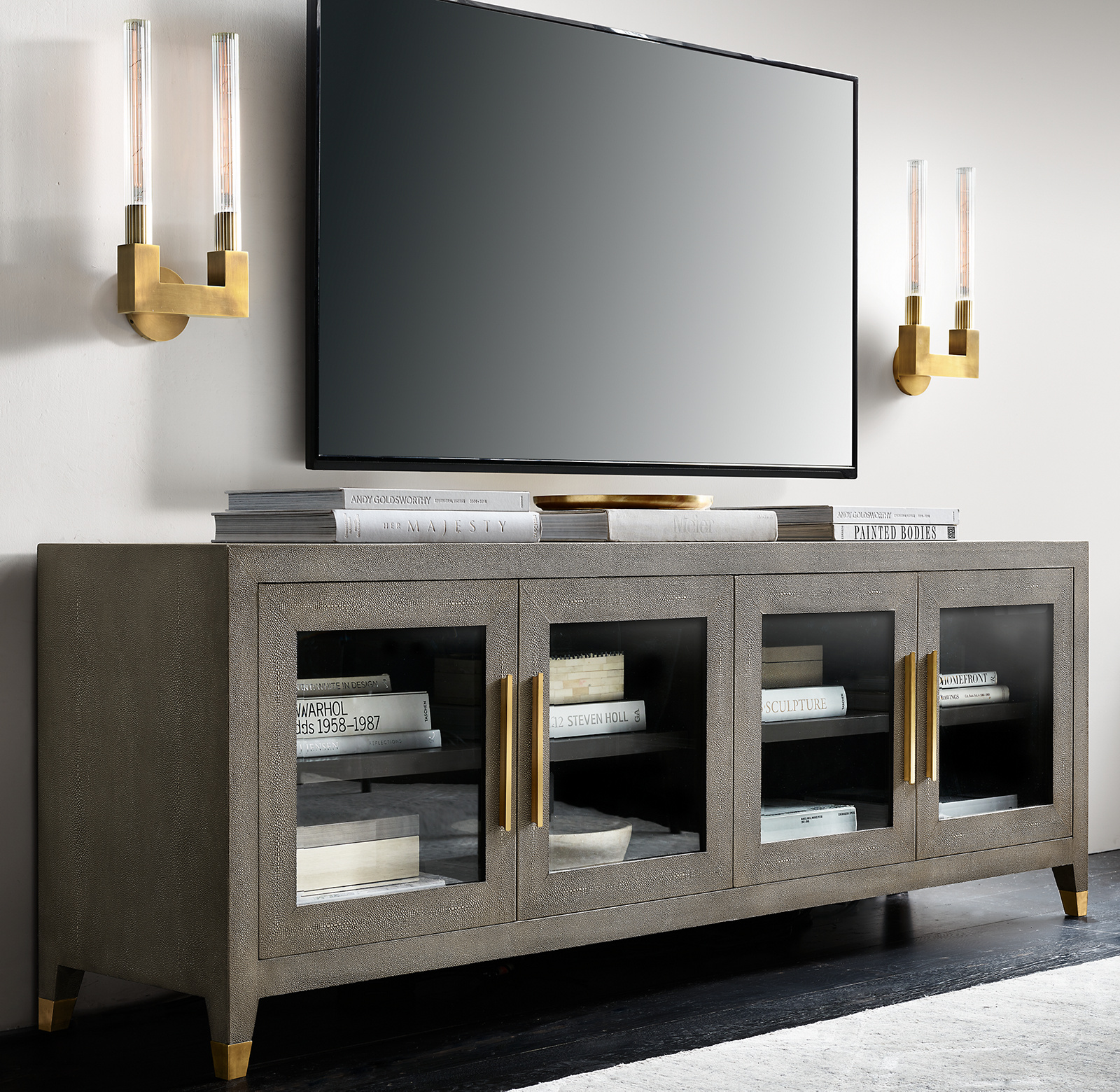 Graydon Shagreen Glass 4-Door Media Console for living room
