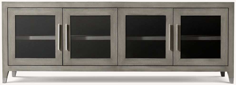 Detail view of Graydon Shagreen Glass 4-Door Media Console showing shagreen media console design