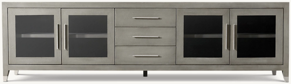 Detail view of Graydon Shagreen Glass 4-Door Media Console With Drawers showing shagreen media console design