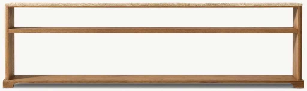 Detail view of Genevieve Emperador Low Console Table showing oak console design