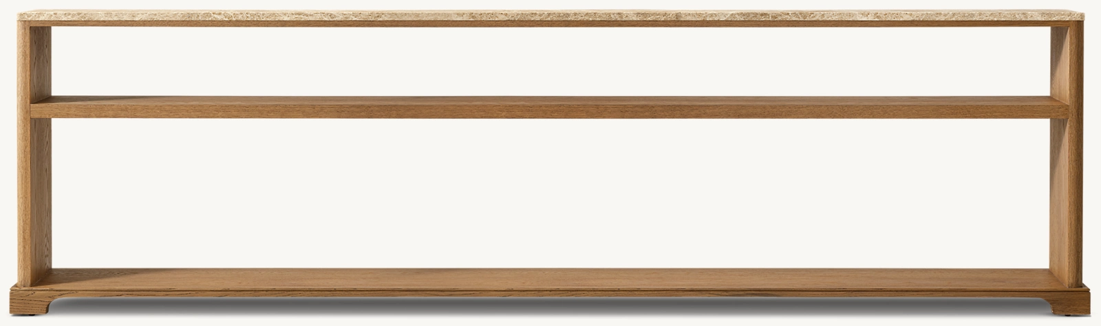 Detail view of Genevieve Emperador Low Console Table showing oak console design