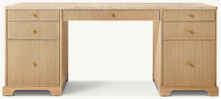 Detail view of Genevieve Emperador Reeded Storage Desk showing oak desk design