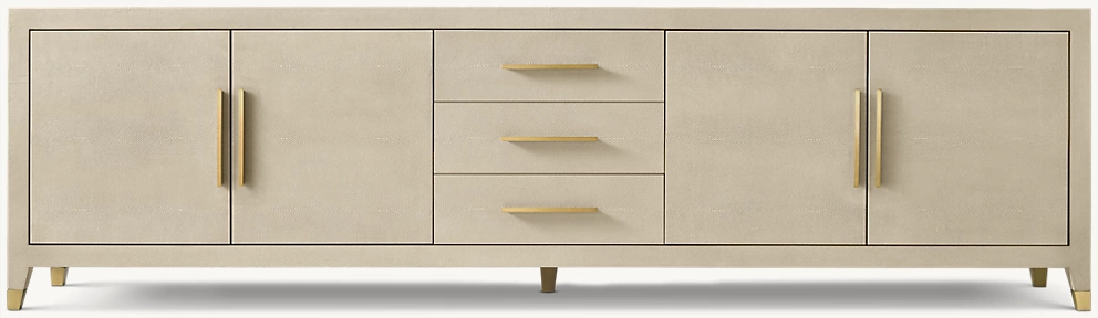 Detail view of Graydon Shagreen 4-Door Media Console With Drawers showing shagreen media console design