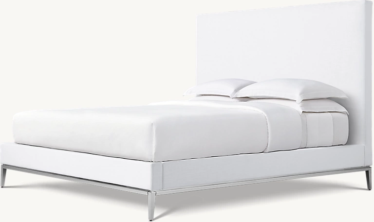 Detail view of Italia Fabric Panel Platform Bed - Metal Base showing iron bed design