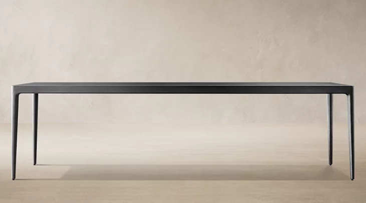 Detail view of Laurel Aluminum Rectangular Dining Table showing aluminum rectangular dining table design