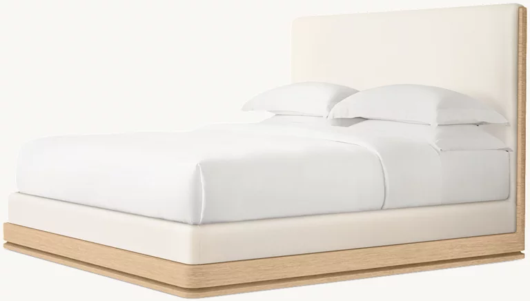 Detail view of Ligné Fabric Panel Bed showing oak panel bed design