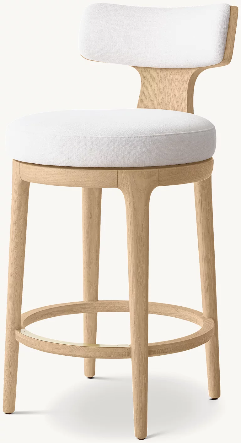 Detail view of Ligné High Back Swivel Fabric Bar & Counter Stool showing oak bar stool design