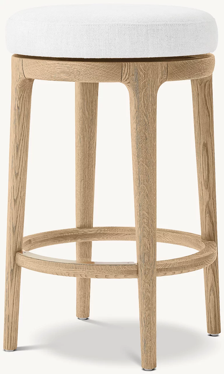 Detail view of Ligné Swivel Fabric Bar & Counter Stool showing oak bar stool design