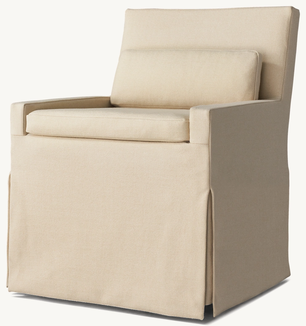 Detail view of Low Belgian Slipcovered Track Arm Dining Side Chair showing finish side chair design