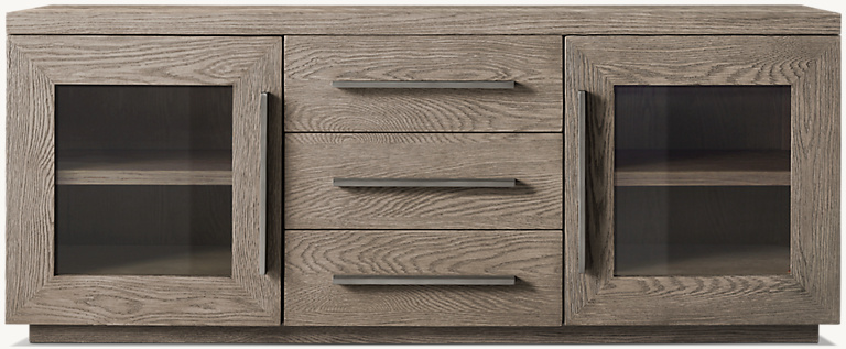 Detail view of Machinto Glass Double-Door Media Console With Drawers showing aluminum media console design