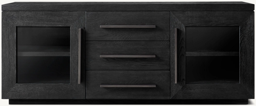 Detail view of Machinto Glass Double-Door Media Console With Drawers showing aluminum media console design