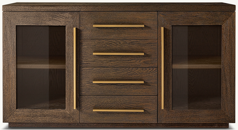 Detail view of Machinto Glass Double-Door Sideboard With Drawers showing aluminum sideboard design