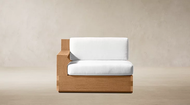 Detail view of Marbella Teak Modular Left-Arm Chair showing teak sofa design