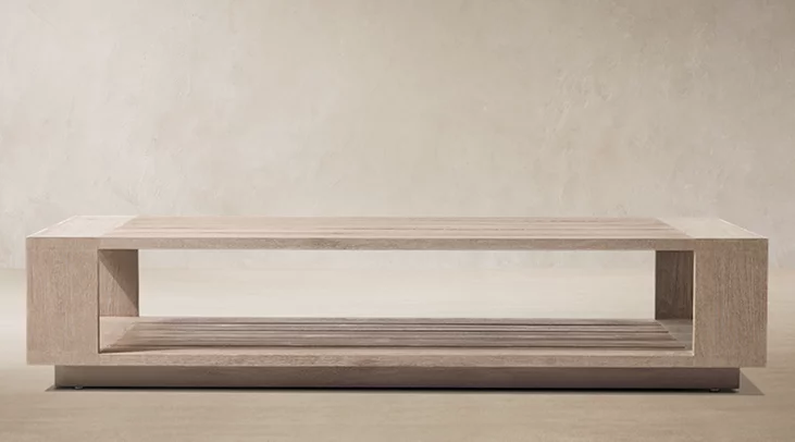 Detail view of Marbella Open Teak Rectangular Coffee Table showing teak coffee table design