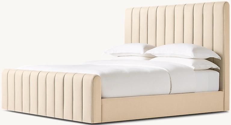 Detail view of Marmont Channeled Fabric Panel Platform Bed With Footboard showing fabric bed design