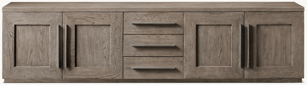 Detail view of Machinto Panel 4-Door Media Console With Drawers showing aluminum media console design