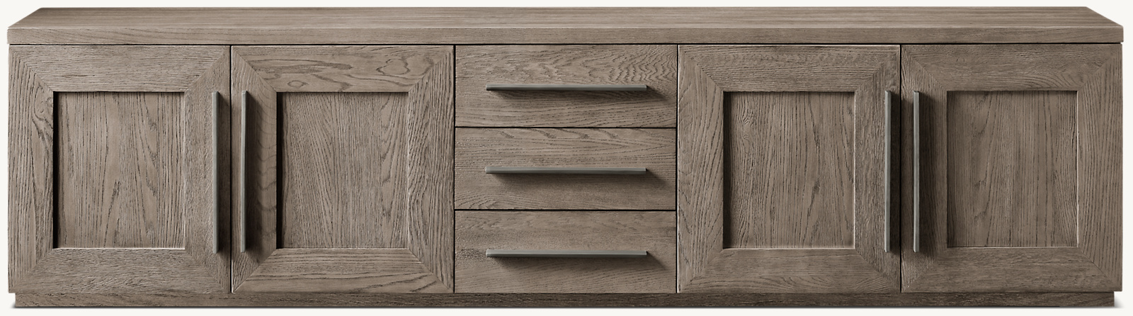 Detail view of Machinto Panel 4-Door Media Console With Drawers showing aluminum media console design
