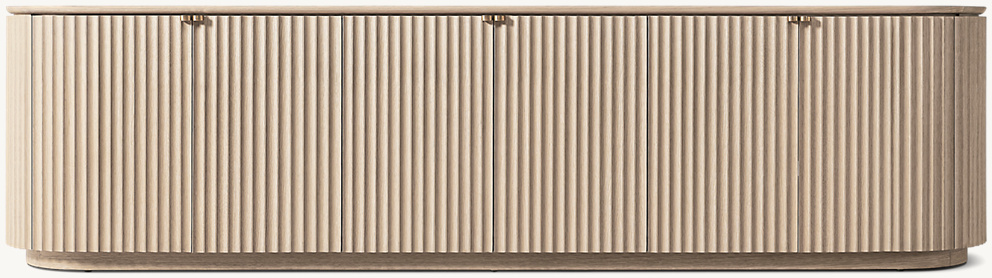Detail view of Milos 6-Door Media Console showing oak media console design