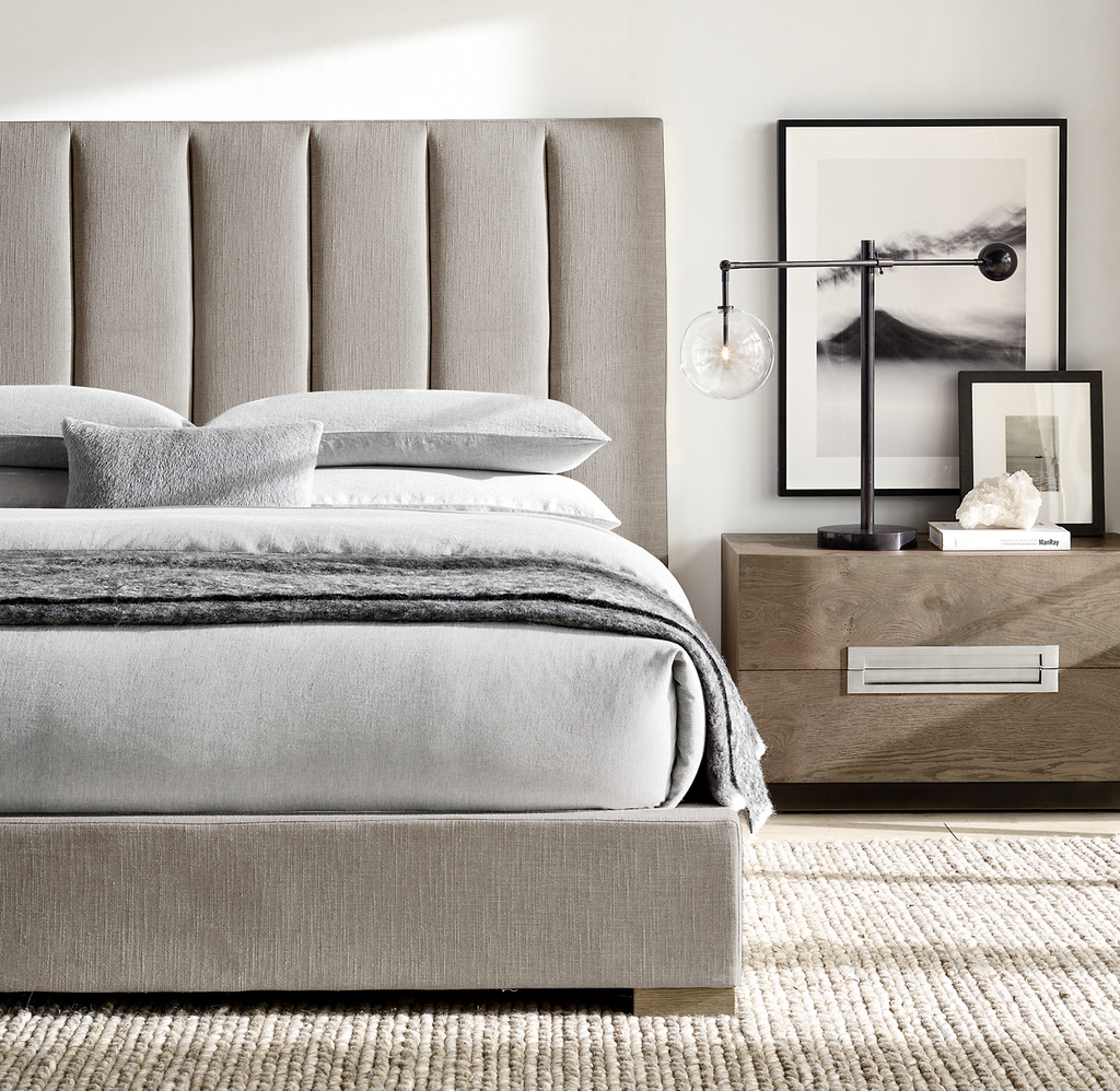 Modena Fabric Vertical Channel Panel Platform Bed Oak for bedroom
