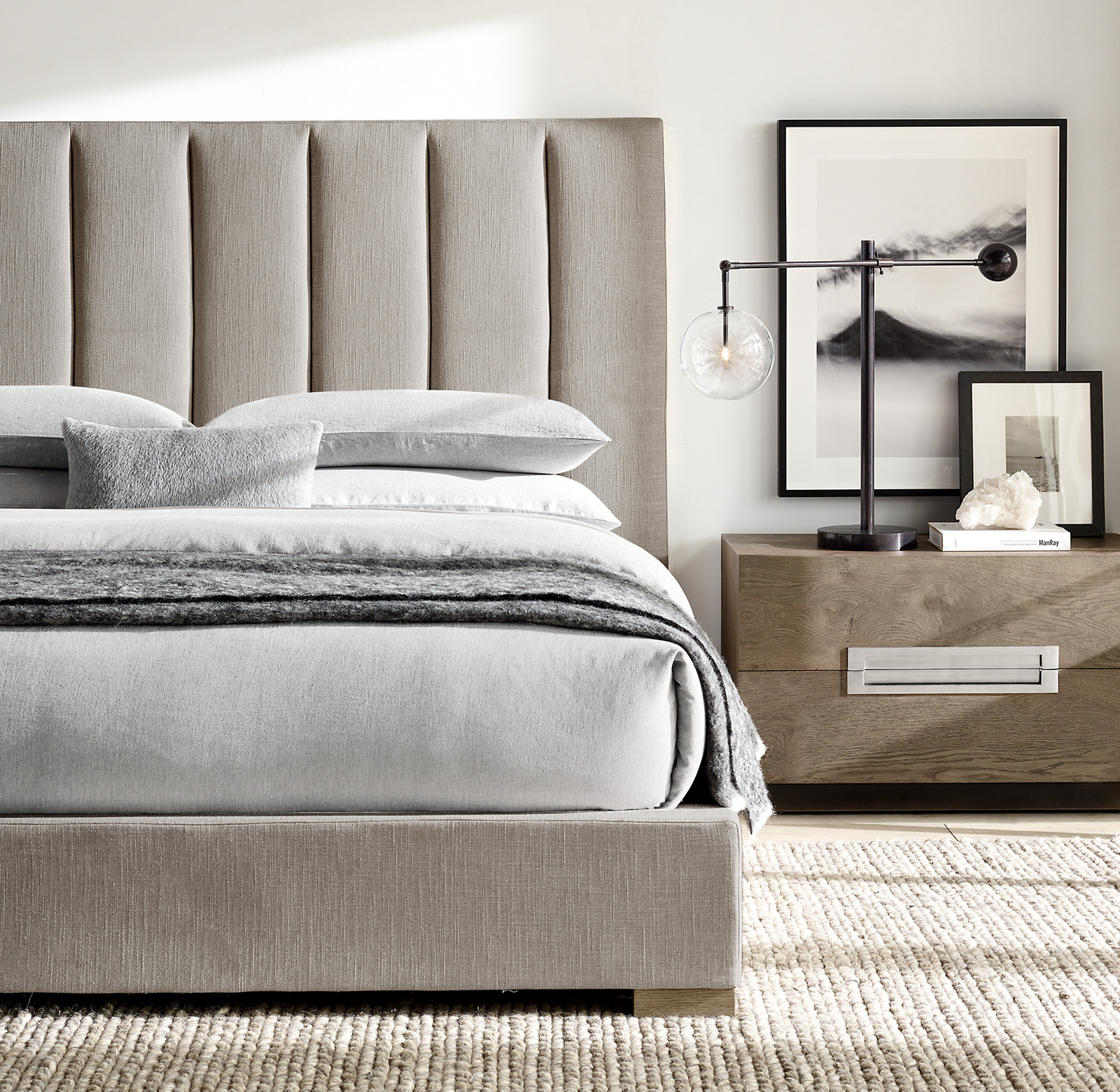 Modena Fabric Vertical Channel Panel Platform Bed Oak for bedroom
