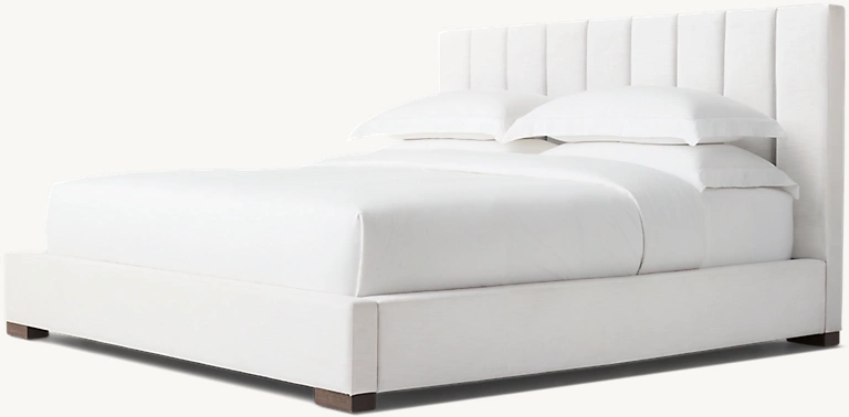 Detail view of Modena Fabric Vertical Channel Panel Platform Bed showing oak bed design