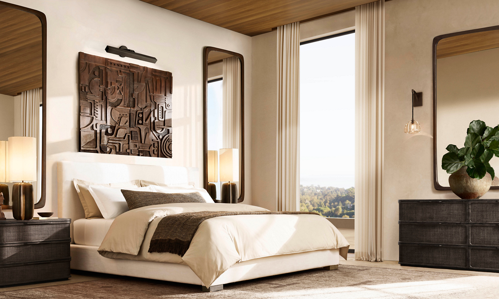 Modena Leather Panel Platform Bed Oak for bedroom