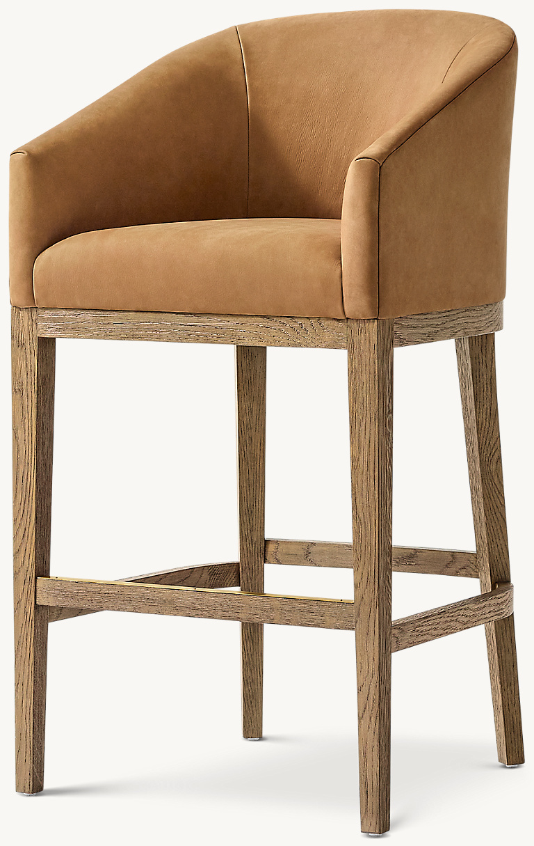 Detail view of Morgan Barrelback Slope Arm Fabric Bar & Counter Stool showing oak bar stool design