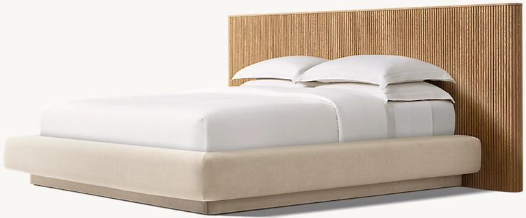 Detail view of Mulholland Extended Panel Bed With Fabric Base showing oak panel bed design