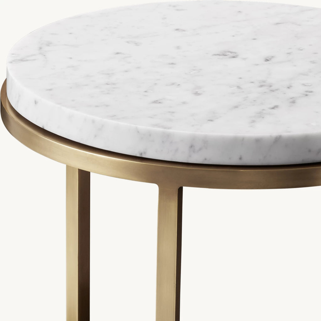 Detail view of Nicholas Marble Round Side Table showing marble side table design