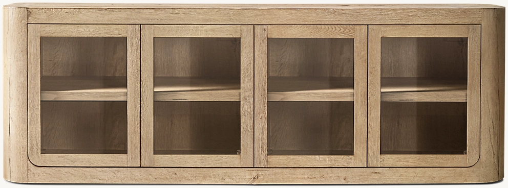 Detail view of Oslo Glass 4-Door Media Console showing oak media console design