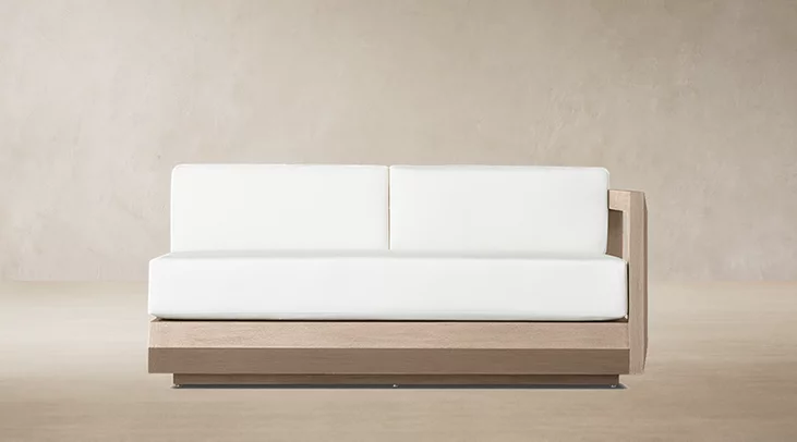 Detail view of Paloma Teak Two-Seat Right-Arm Sofa showing teak sofa design