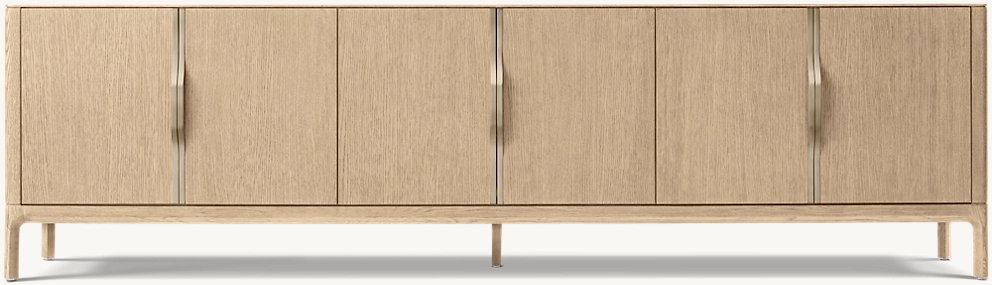 Detail view of Padua 6-Door Media Console showing oak media console design