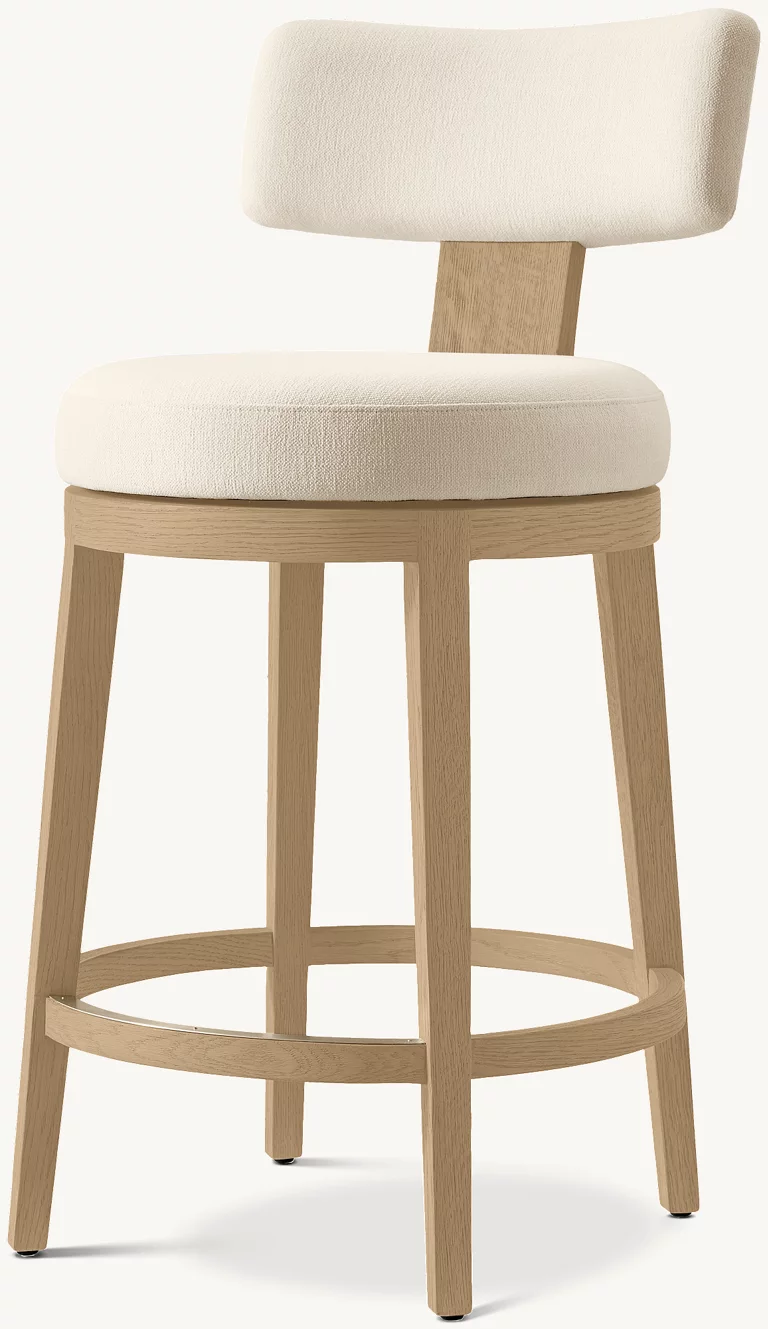 Detail view of Padua Swivel Fabric Bar & Counter Stool showing oak bar stool design