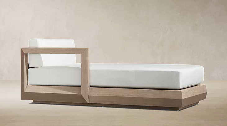 Detail view of Paloma Teak Left-Arm Chaise showing teak sofa design