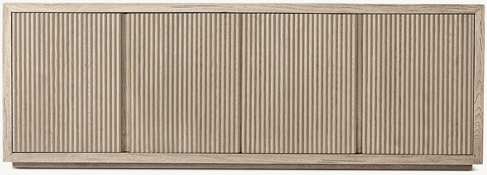 Detail view of Reclaimed Oak Reeded 4-Door Media Console showing oak media console design