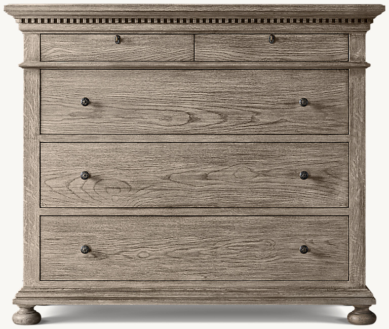 Detail view of St. James 5-Drawer Dresser showing oak dresser design