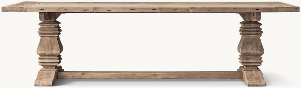 Detail view of Salvaged Wood Trestle Rectangular Extension Dining Table showing iron dining table design