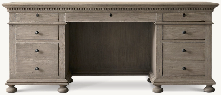 Detail view of St. James 7-Drawer Desk showing oak desk design