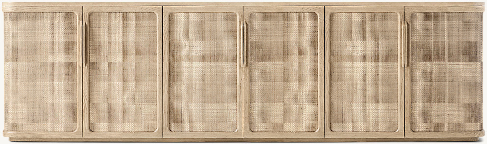 Detail view of Trieste 6-Door Media Console showing oak media console design